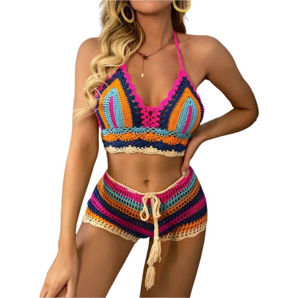 Crochet Bikini Sets Multi Color Knitted Rainbow Striped Off Shoulder Top + Bottom Bikini Beachwear Bathing Suit Women Swimsuit