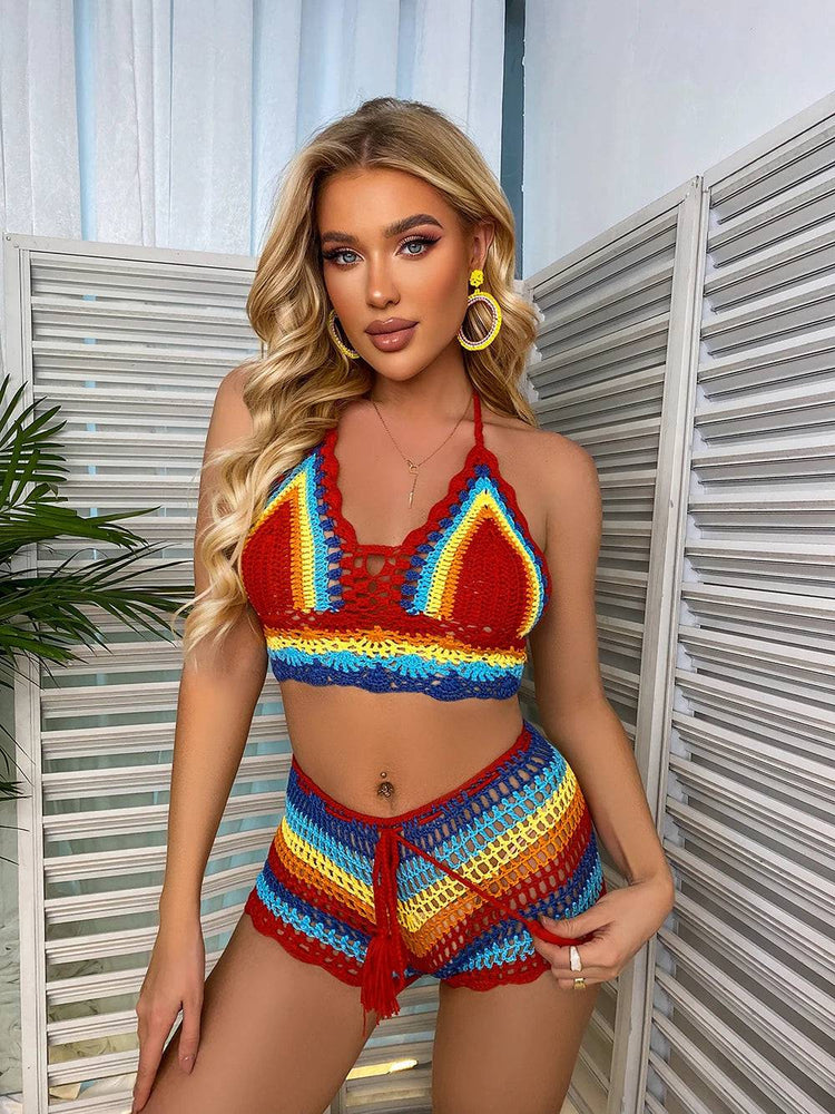 
                  
                    Crochet Bikini Sets Multi Color Knitted Rainbow Striped Off Shoulder Top + Bottom Bikini Beachwear Bathing Suit Women Swimsuit
                  
                