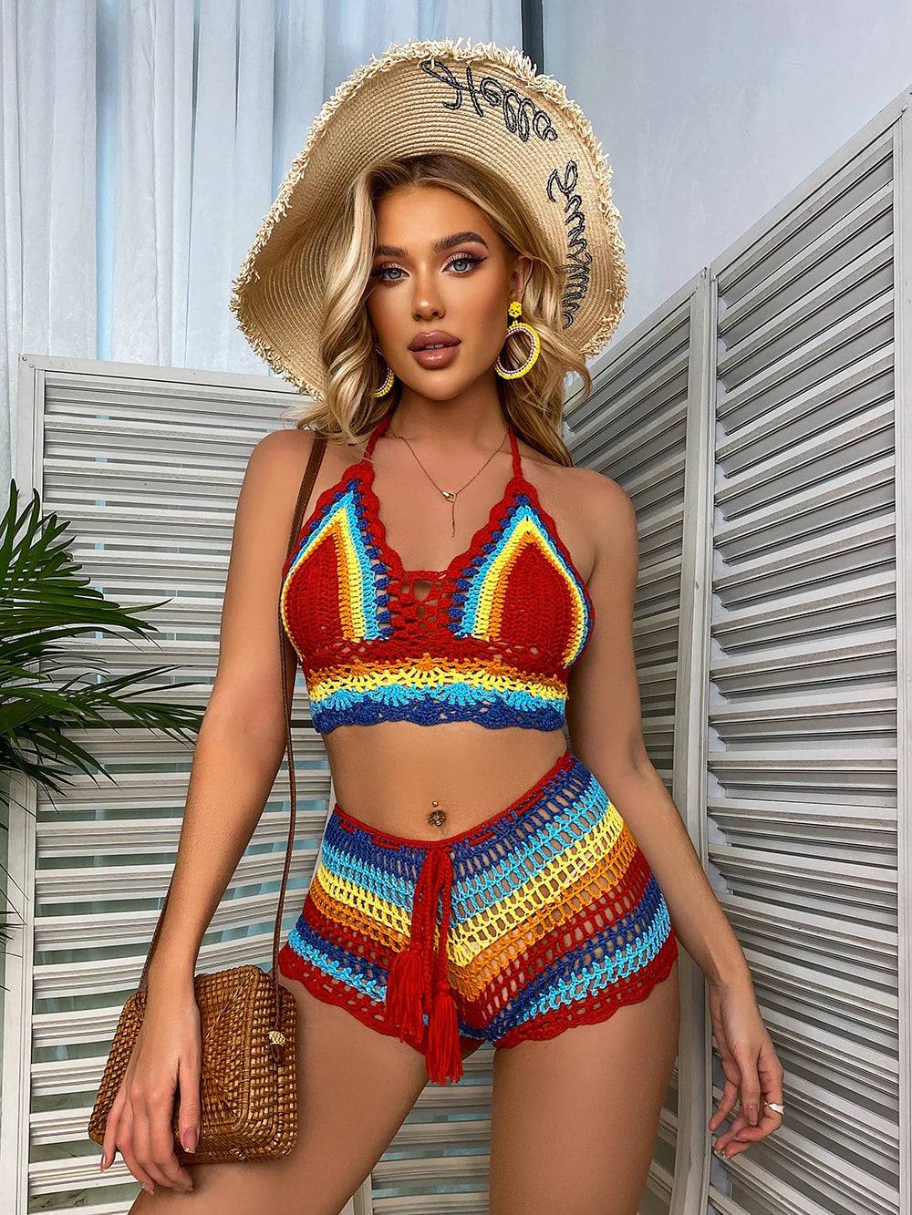 
                  
                    Crochet Bikini Sets Multi Color Knitted Rainbow Striped Off Shoulder Top + Bottom Bikini Beachwear Bathing Suit Women Swimsuit
                  
                