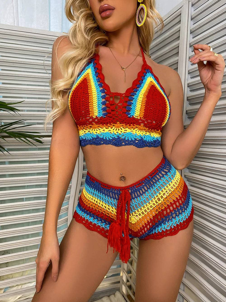 
                  
                    Crochet Bikini Sets Multi Color Knitted Rainbow Striped Off Shoulder Top + Bottom Bikini Beachwear Bathing Suit Women Swimsuit
                  
                