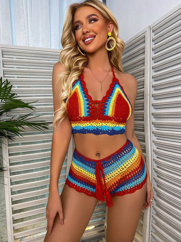 
                  
                    Crochet Bikini Sets Multi Color Knitted Rainbow Striped Off Shoulder Top + Bottom Bikini Beachwear Bathing Suit Women Swimsuit
                  
                