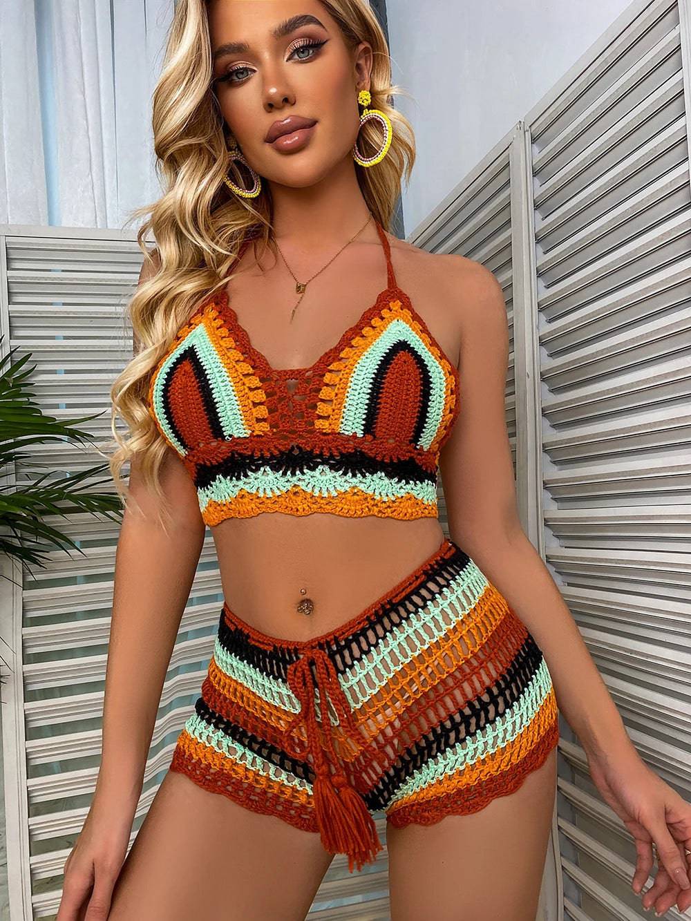 
                  
                    Crochet Bikini Sets Multi Color Knitted Rainbow Striped Off Shoulder Top + Bottom Bikini Beachwear Bathing Suit Women Swimsuit
                  
                