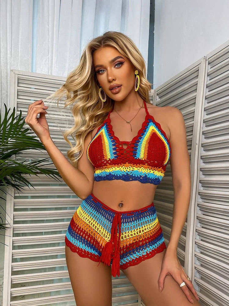 
                  
                    Crochet Bikini Sets Multi Color Knitted Rainbow Striped Off Shoulder Top + Bottom Bikini Beachwear Bathing Suit Women Swimsuit
                  
                