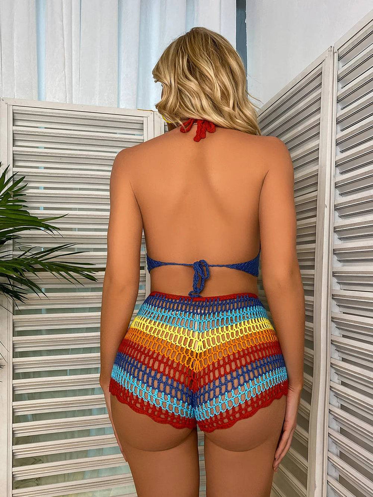 
                  
                    Crochet Bikini Sets Multi Color Knitted Rainbow Striped Off Shoulder Top + Bottom Bikini Beachwear Bathing Suit Women Swimsuit
                  
                