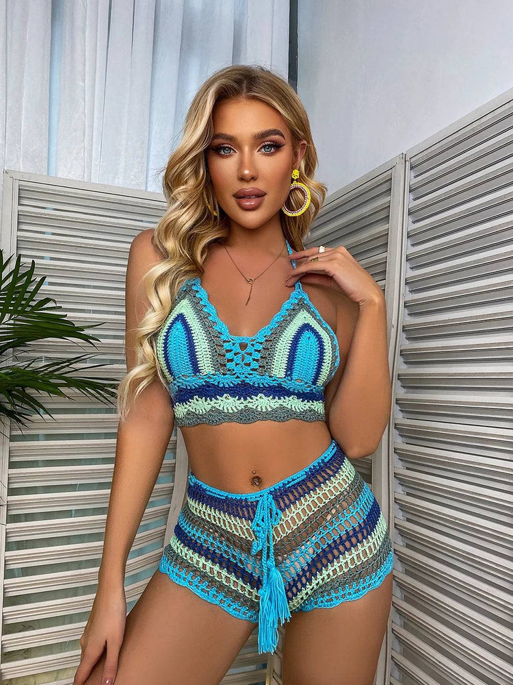 
                  
                    Crochet Bikini Sets Multi Color Knitted Rainbow Striped Off Shoulder Top + Bottom Bikini Beachwear Bathing Suit Women Swimsuit
                  
                