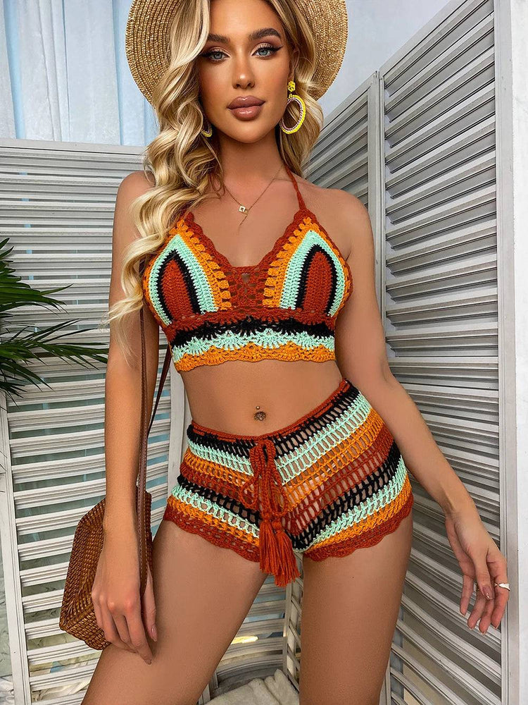 
                  
                    Crochet Bikini Sets Multi Color Knitted Rainbow Striped Off Shoulder Top + Bottom Bikini Beachwear Bathing Suit Women Swimsuit
                  
                