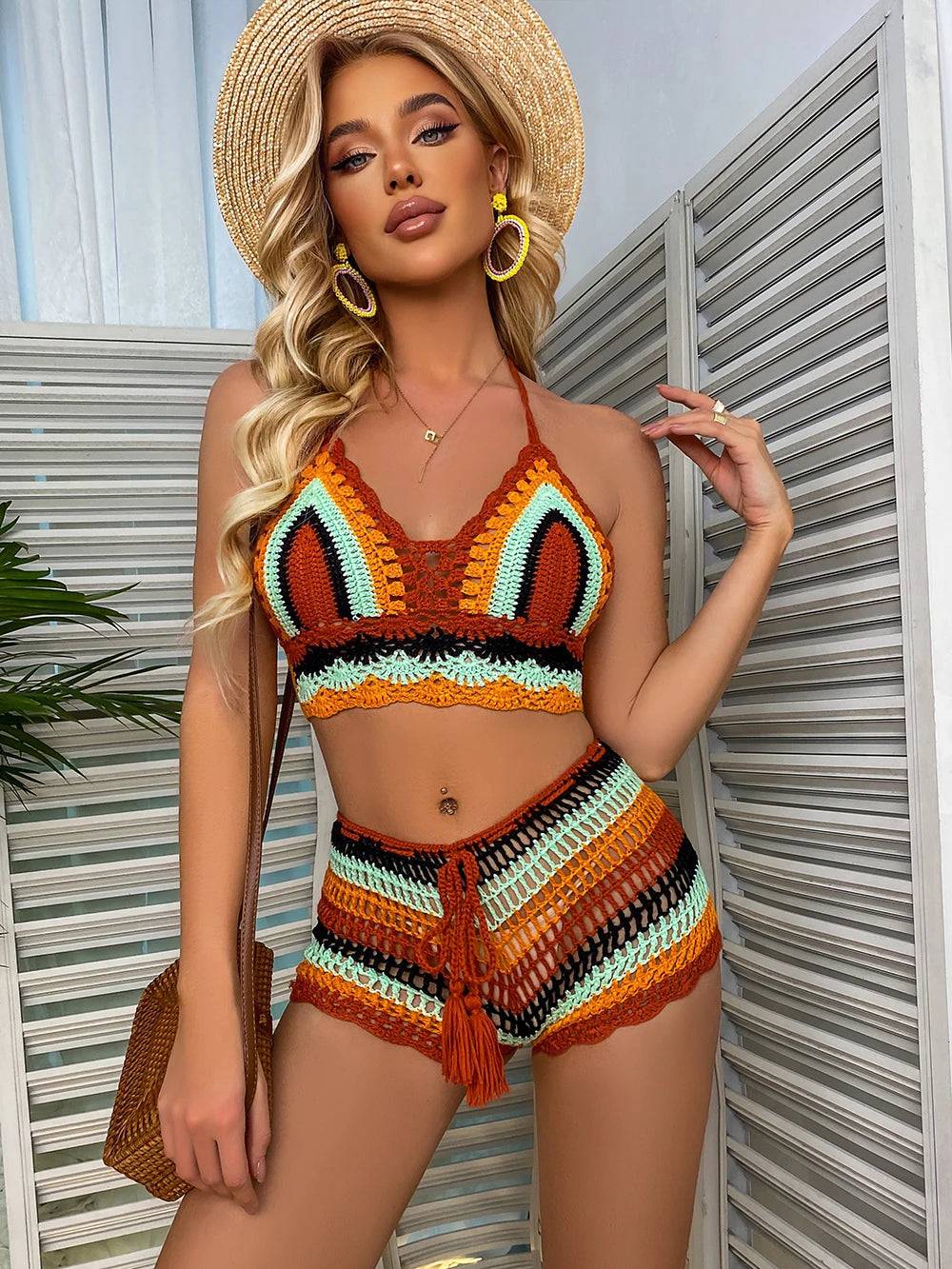 
                  
                    Crochet Bikini Sets Multi Color Knitted Rainbow Striped Off Shoulder Top + Bottom Bikini Beachwear Bathing Suit Women Swimsuit
                  
                