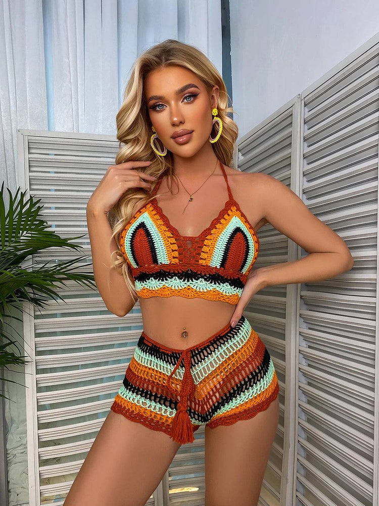 
                  
                    Crochet Bikini Sets Multi Color Knitted Rainbow Striped Off Shoulder Top + Bottom Bikini Beachwear Bathing Suit Women Swimsuit
                  
                