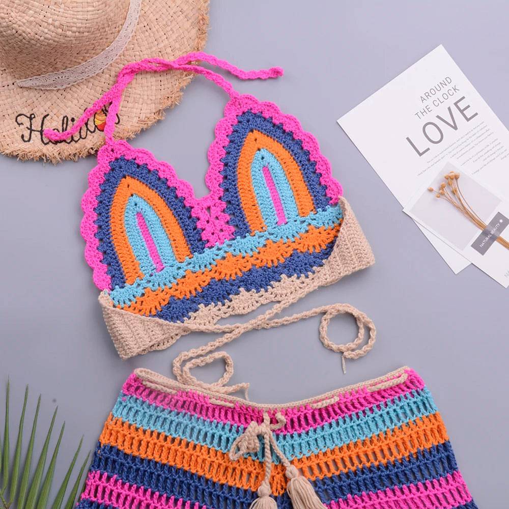 
                  
                    Crochet Bikini Sets Multi Color Knitted Rainbow Striped Off Shoulder Top + Bottom Bikini Beachwear Bathing Suit Women Swimsuit
                  
                