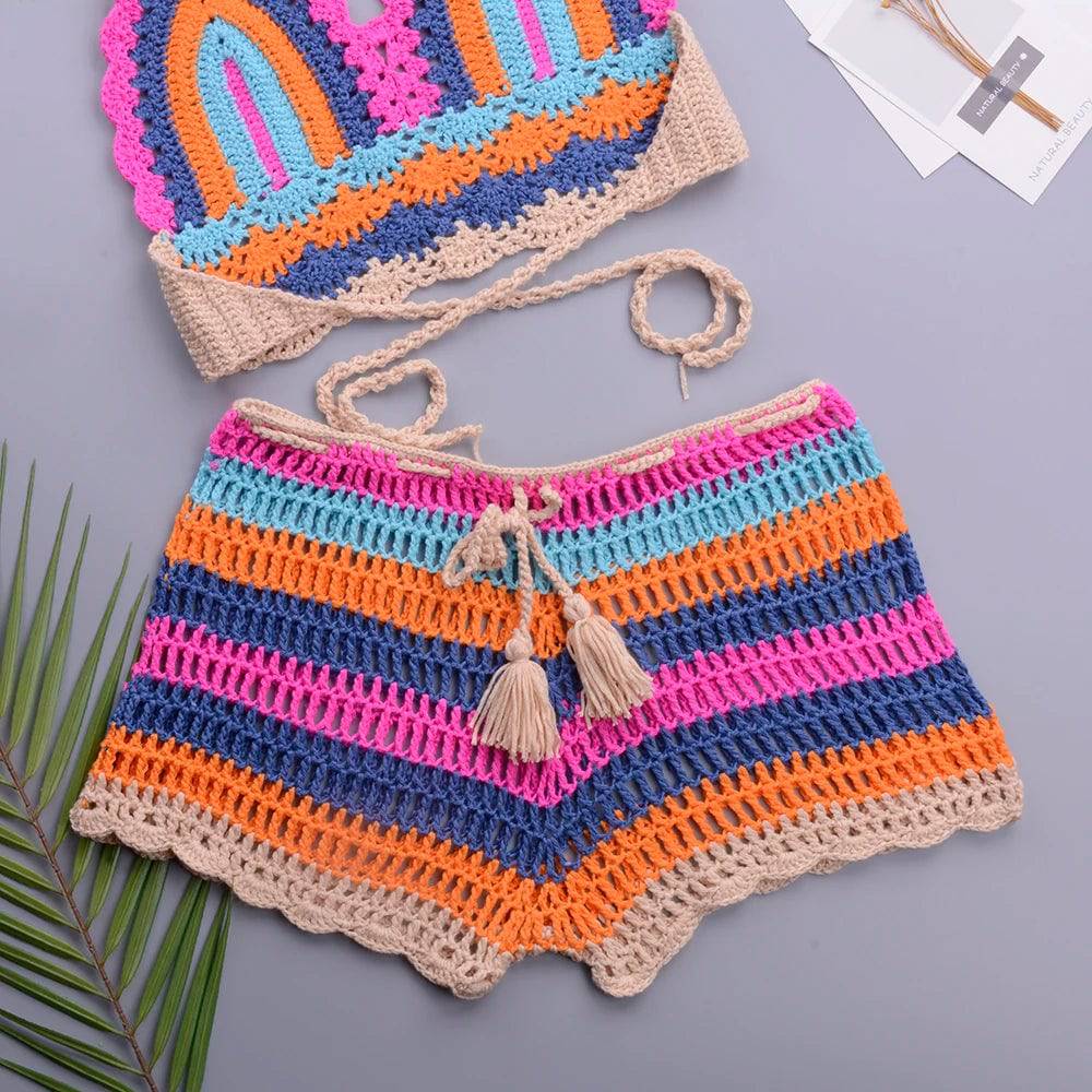 
                  
                    Crochet Bikini Sets Multi Color Knitted Rainbow Striped Off Shoulder Top + Bottom Bikini Beachwear Bathing Suit Women Swimsuit
                  
                