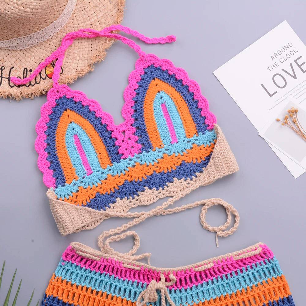 
                  
                    Crochet Bikini Sets Multi Color Knitted Rainbow Striped Off Shoulder Top + Bottom Bikini Beachwear Bathing Suit Women Swimsuit
                  
                