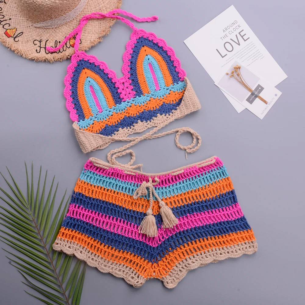 
                  
                    Crochet Bikini Sets Multi Color Knitted Rainbow Striped Off Shoulder Top + Bottom Bikini Beachwear Bathing Suit Women Swimsuit
                  
                