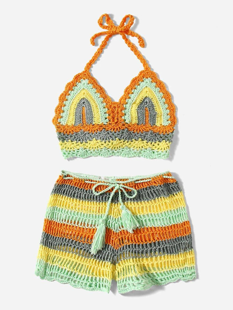 
                  
                    Crochet Bikini Sets Multi Color Knitted Rainbow Striped Off Shoulder Top + Bottom Bikini Beachwear Bathing Suit Women Swimsuit
                  
                