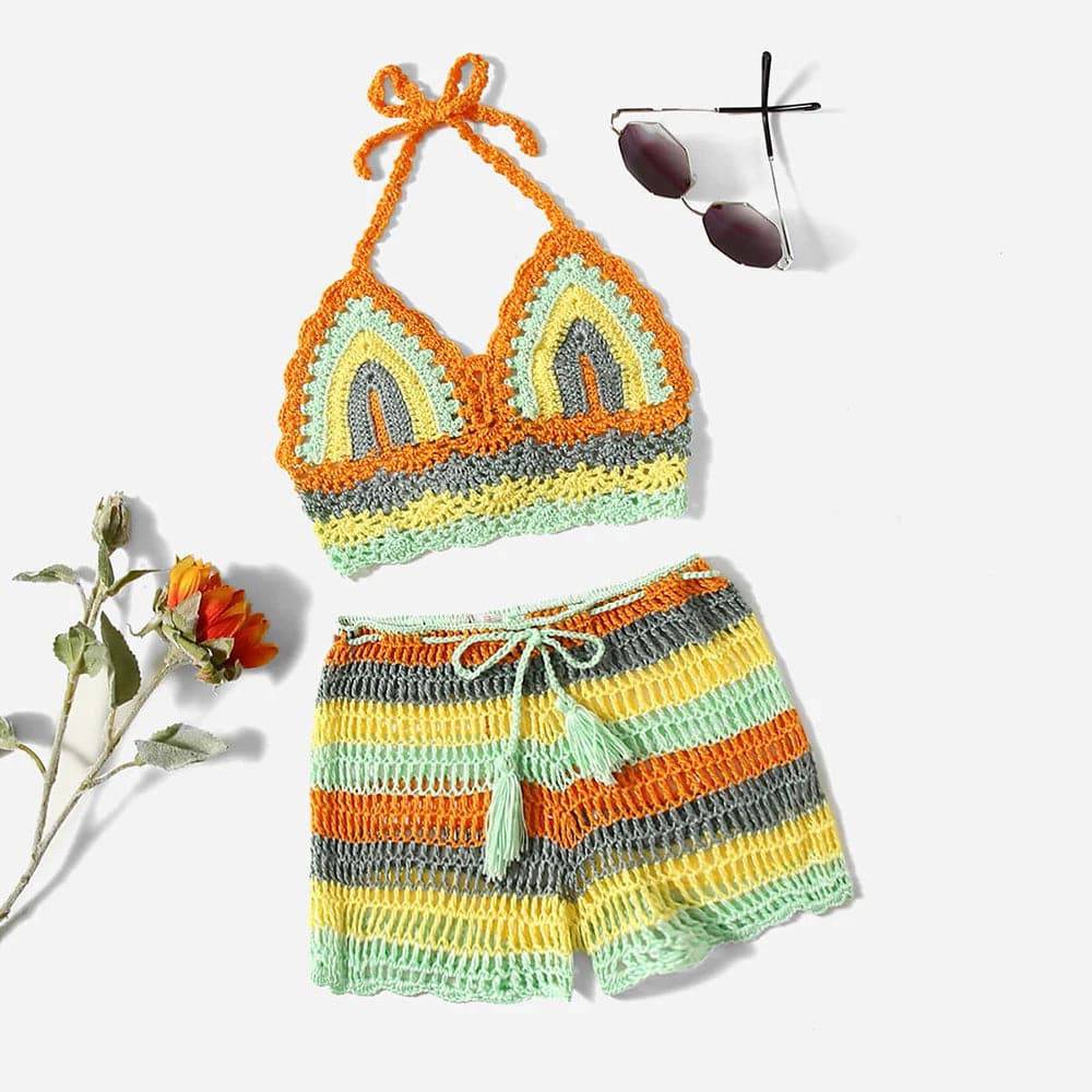 
                  
                    Crochet Bikini Sets Multi Color Knitted Rainbow Striped Off Shoulder Top + Bottom Bikini Beachwear Bathing Suit Women Swimsuit
                  
                