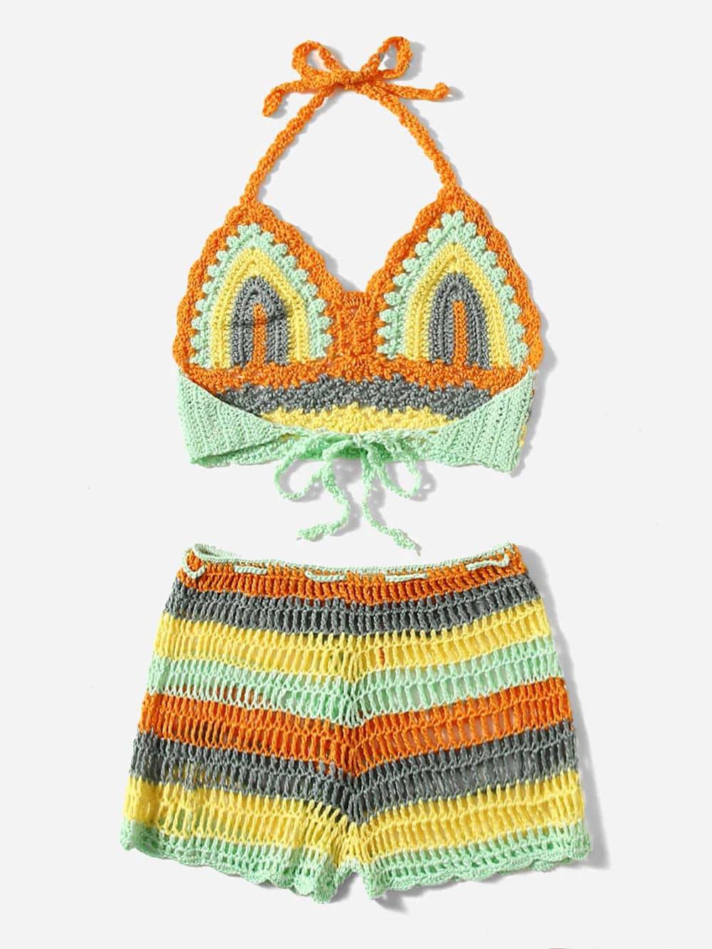 
                  
                    Crochet Bikini Sets Multi Color Knitted Rainbow Striped Off Shoulder Top + Bottom Bikini Beachwear Bathing Suit Women Swimsuit
                  
                