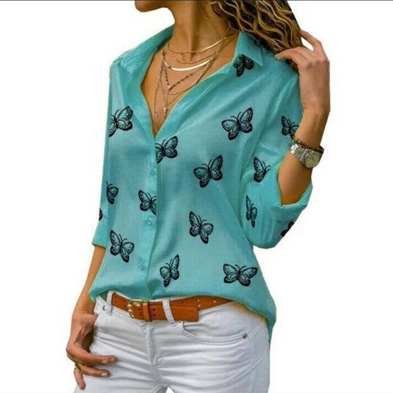 Women Casual Long Sleeve Lapel Butterfly Print Loose Blouse Elegant Harajuku Office Lady Short Shirts Oversized Basic Tops