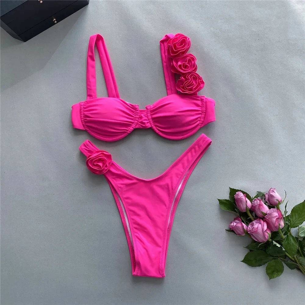 
                  
                    Sexy Flower Shiny Pink Push Up Bikini 2024 Women Swimwear Underwired Swimsuit High Cut Bathing Suit Wrinkled Bikinis Set Biquini
                  
                