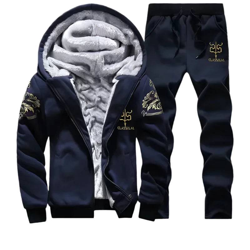 2023 New Winter Thick Men Sports Suit Tracksuit Hooded Sportswear Zipper Cardigan Hooded Woolen Trousers Pants Casual Men Set