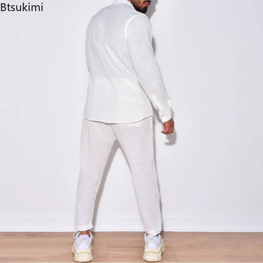 
                  
                    2024 Casual Long Sleeve Shirt and Pants Sets Men Solid Cotton Linen Tops Leisure Tees Trousers Suit Sets Fashion Tracksuit Male
                  
                