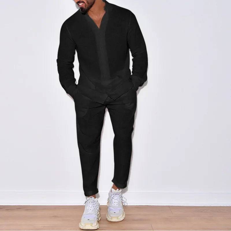 
                  
                    2024 Casual Long Sleeve Shirt and Pants Sets Men Solid Cotton Linen Tops Leisure Tees Trousers Suit Sets Fashion Tracksuit Male
                  
                