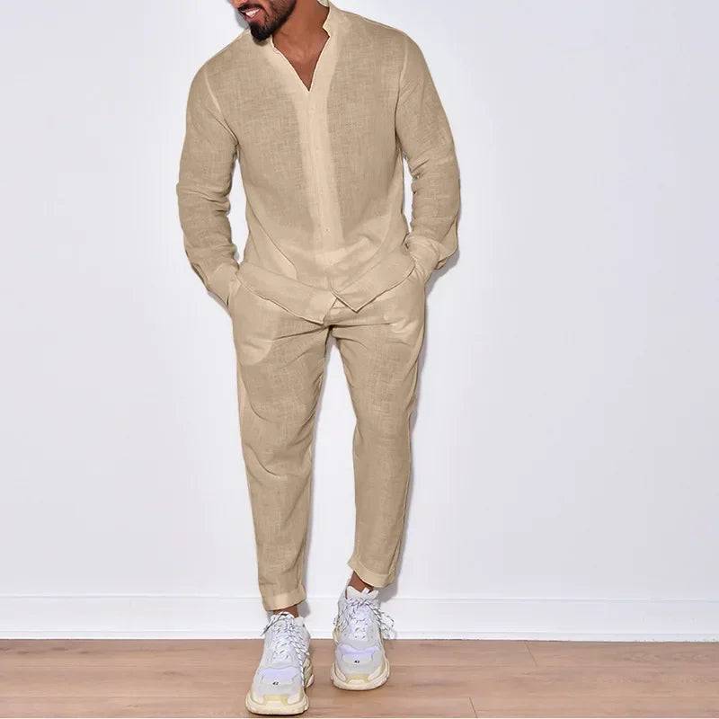 
                  
                    2024 Casual Long Sleeve Shirt and Pants Sets Men Solid Cotton Linen Tops Leisure Tees Trousers Suit Sets Fashion Tracksuit Male
                  
                