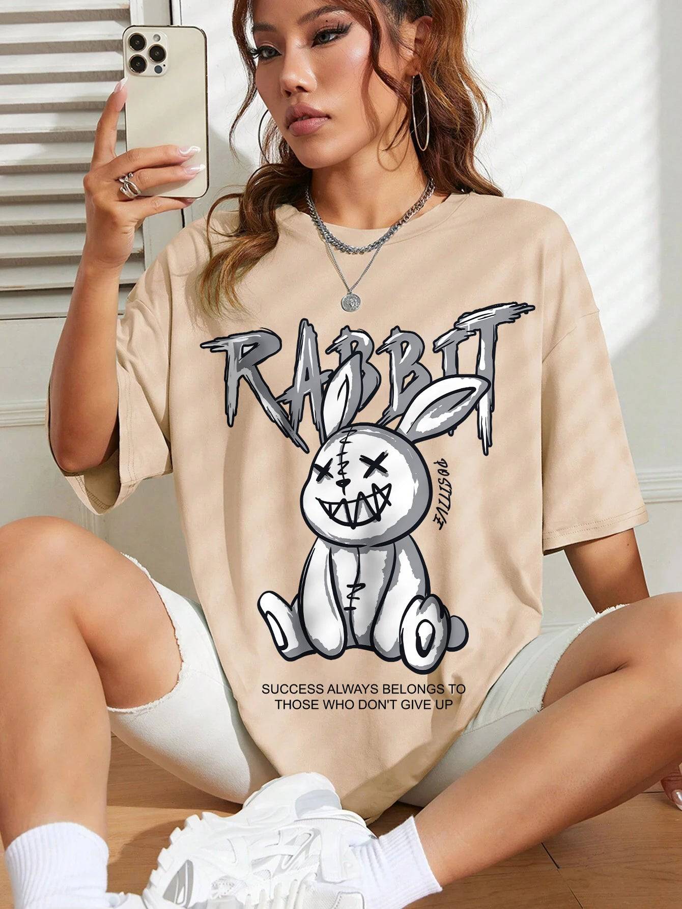 
                  
                    Kawaii Rabbit Printed Tops Cotton T-Shirts For Womens Fashion Casual Soft Short Sleeve Loose Tees Comfortable Street Clothes
                  
                