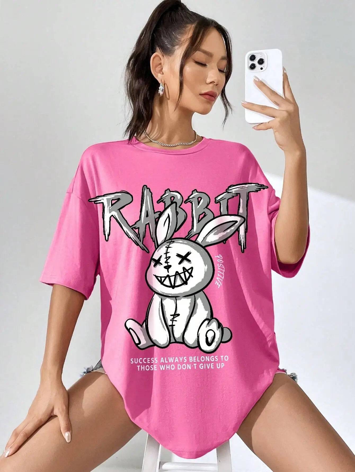 
                  
                    Kawaii Rabbit Printed Tops Cotton T-Shirts For Womens Fashion Casual Soft Short Sleeve Loose Tees Comfortable Street Clothes
                  
                