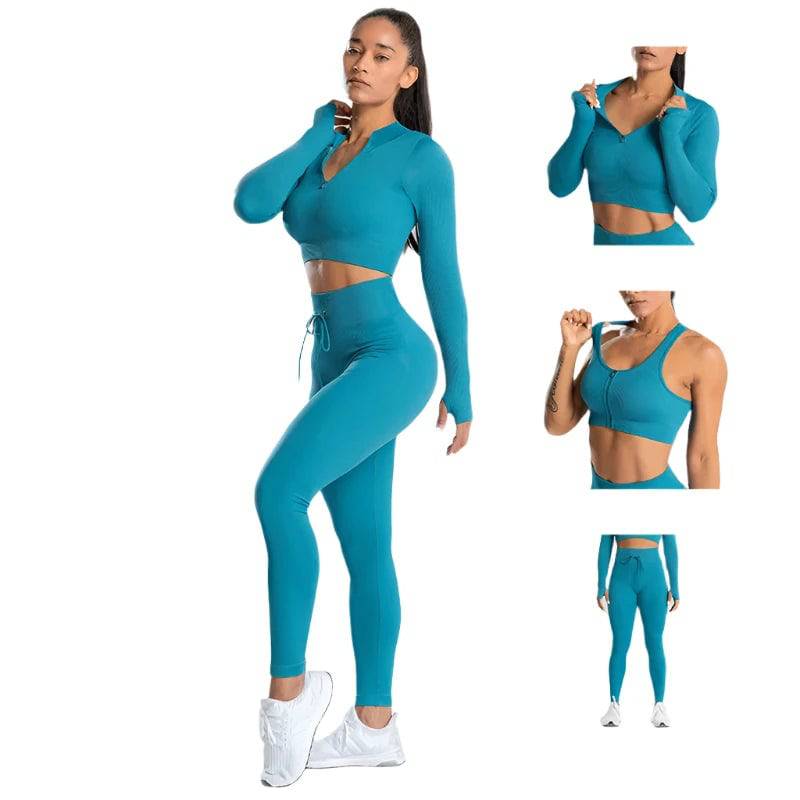 2/3Pcs Women's Tracksuit Seamless Ribbed Yoga Set Fitness Long Sleeve Shirts Crop Top Sport Bra High Waist Leggings Gym Clothing