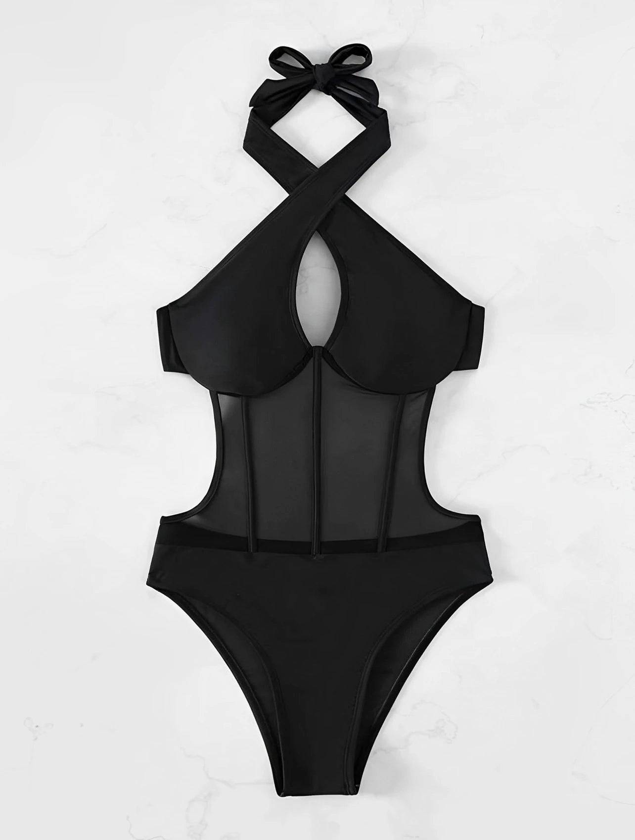 
                  
                    2024 Contrast Mesh Cut Out Halter Swimsuit One Piece Solid Swimwear Women Push Up Bathing Swimming Swim Suit Female Beach Wear
                  
                