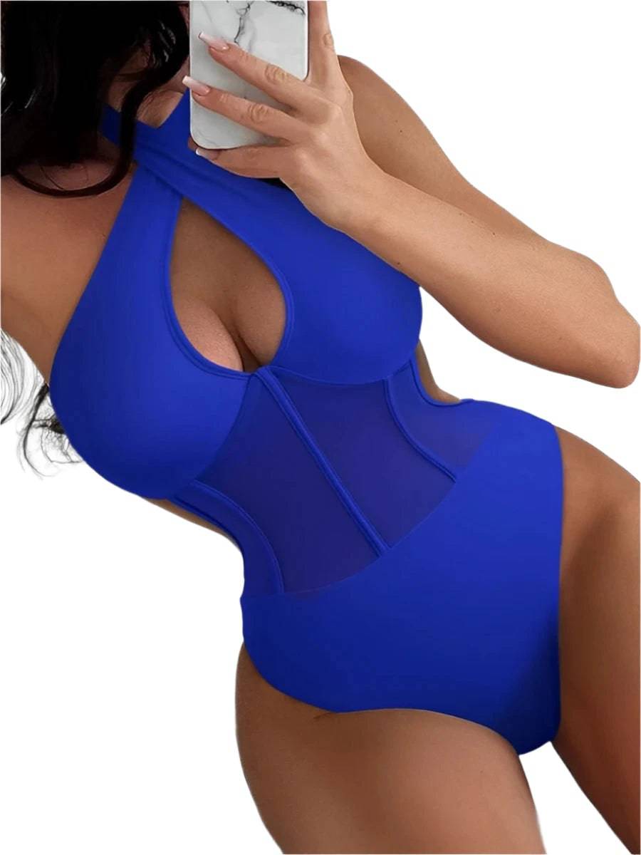 2024 Contrast Mesh Cut Out Halter Swimsuit One Piece Solid Swimwear Women Push Up Bathing Swimming Swim Suit Female Beach Wear