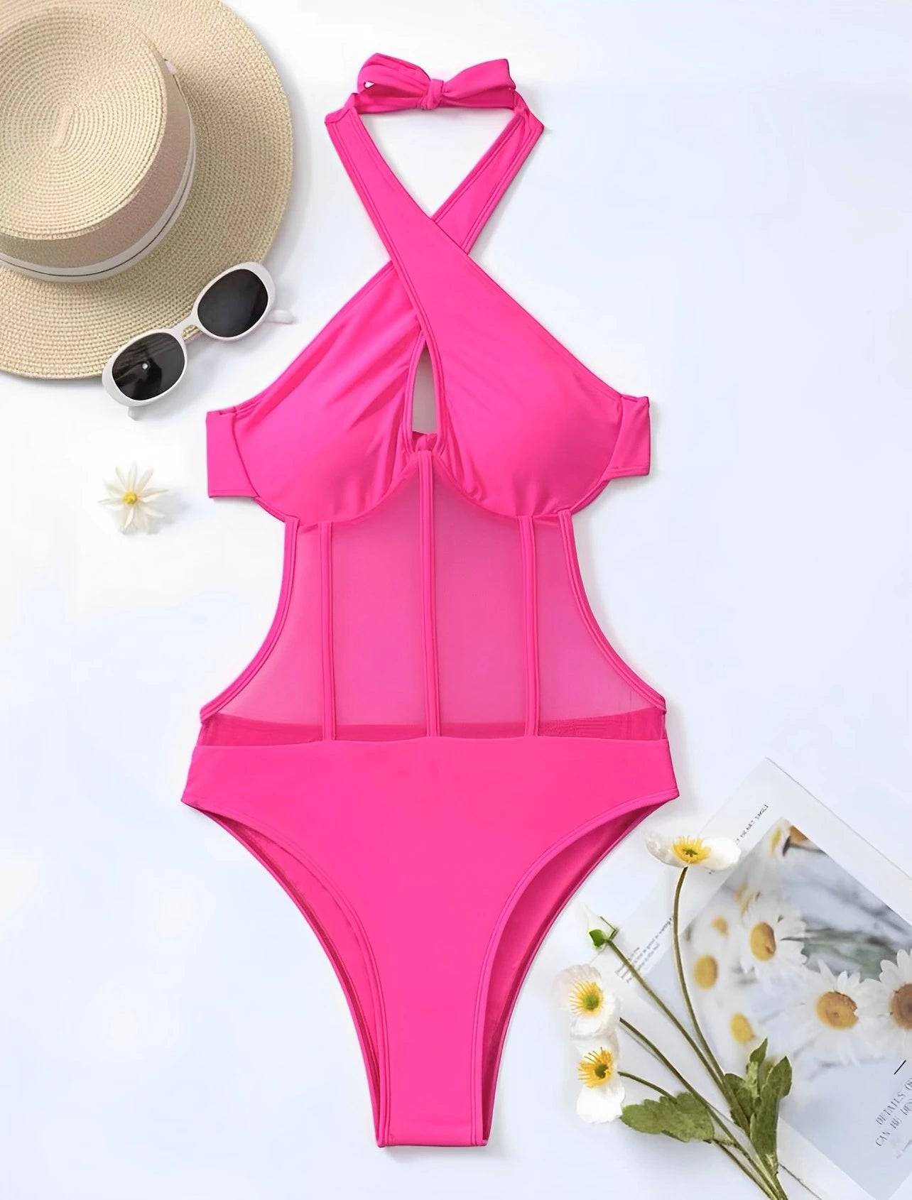 
                  
                    2024 Contrast Mesh Cut Out Halter Swimsuit One Piece Solid Swimwear Women Push Up Bathing Swimming Swim Suit Female Beach Wear
                  
                