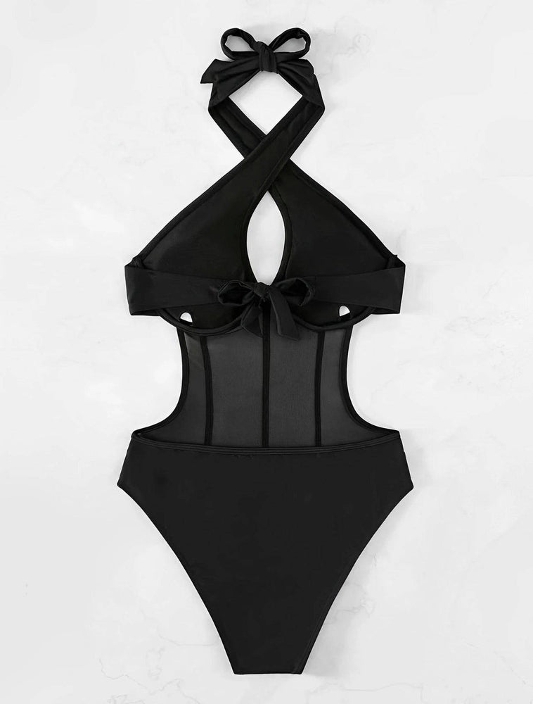 
                  
                    2024 Contrast Mesh Cut Out Halter Swimsuit One Piece Solid Swimwear Women Push Up Bathing Swimming Swim Suit Female Beach Wear
                  
                