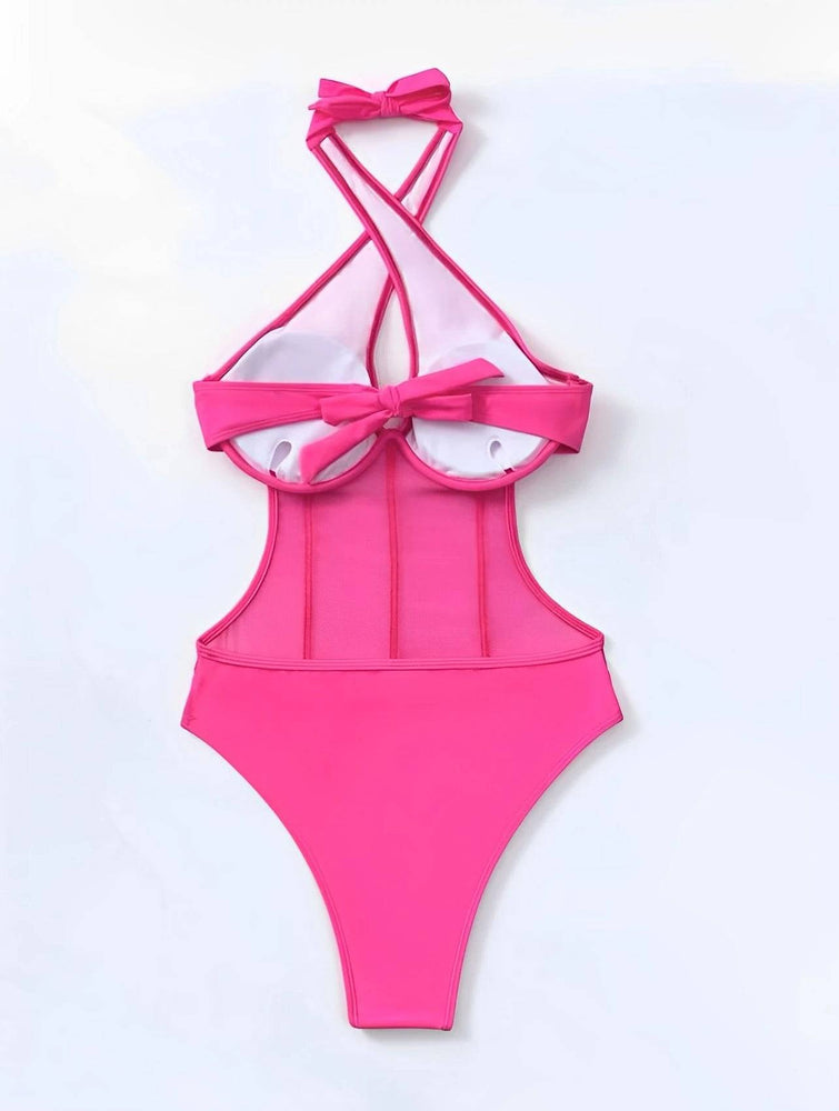 
                  
                    2024 Contrast Mesh Cut Out Halter Swimsuit One Piece Solid Swimwear Women Push Up Bathing Swimming Swim Suit Female Beach Wear
                  
                