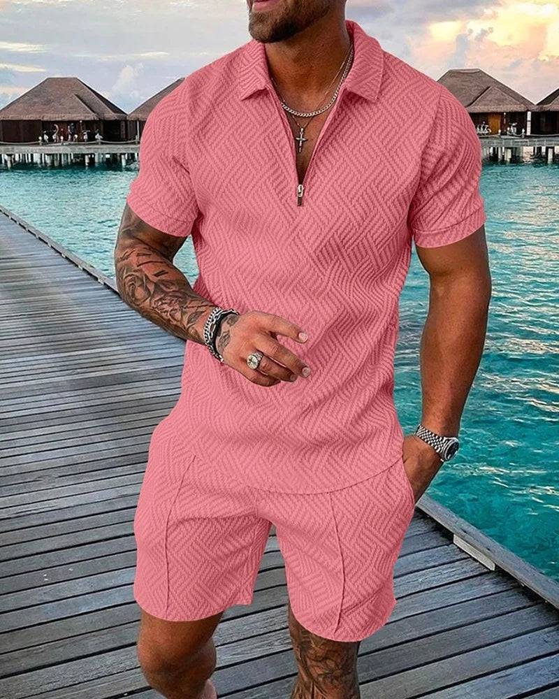 
                  
                    Pure Color Gradient Pattern Print Men's Zipper Collar Tracksuit Summer Trend Polo Shirt + Shorts 2pcs Sets Men's Streetwear Set
                  
                