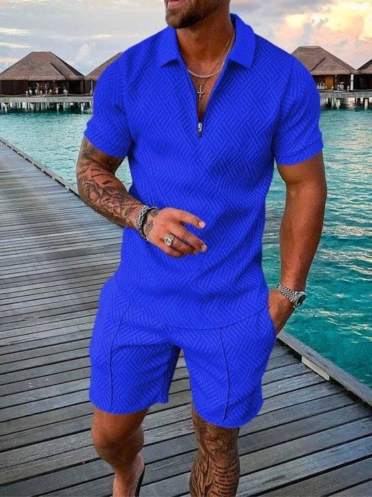 
                  
                    Pure Color Gradient Pattern Print Men's Zipper Collar Tracksuit Summer Trend Polo Shirt + Shorts 2pcs Sets Men's Streetwear Set
                  
                