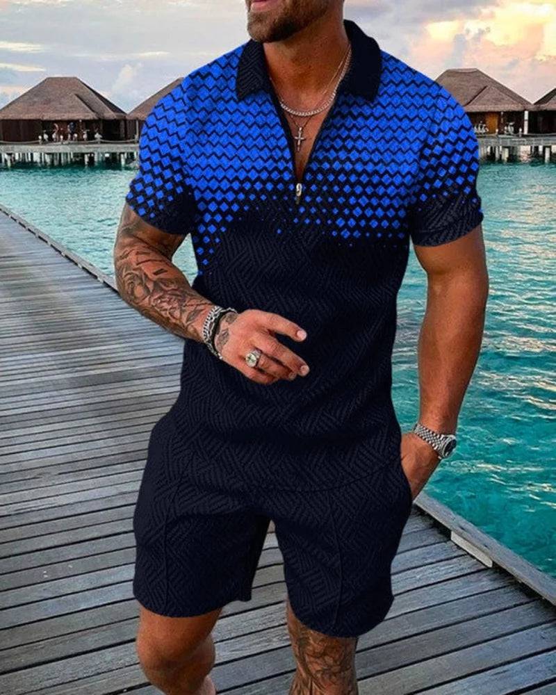 
                  
                    Pure Color Gradient Pattern Print Men's Zipper Collar Tracksuit Summer Trend Polo Shirt + Shorts 2pcs Sets Men's Streetwear Set
                  
                