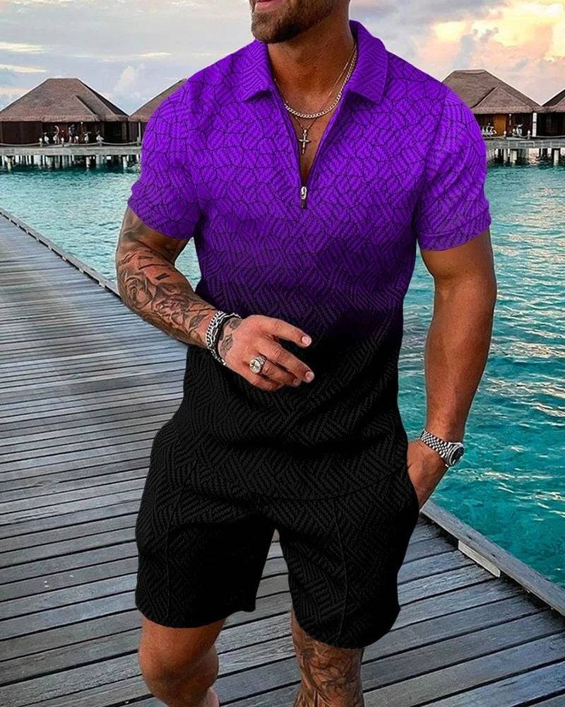 
                  
                    Pure Color Gradient Pattern Print Men's Zipper Collar Tracksuit Summer Trend Polo Shirt + Shorts 2pcs Sets Men's Streetwear Set
                  
                