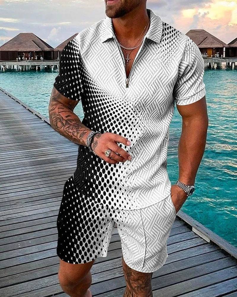 
                  
                    Pure Color Gradient Pattern Print Men's Zipper Collar Tracksuit Summer Trend Polo Shirt + Shorts 2pcs Sets Men's Streetwear Set
                  
                