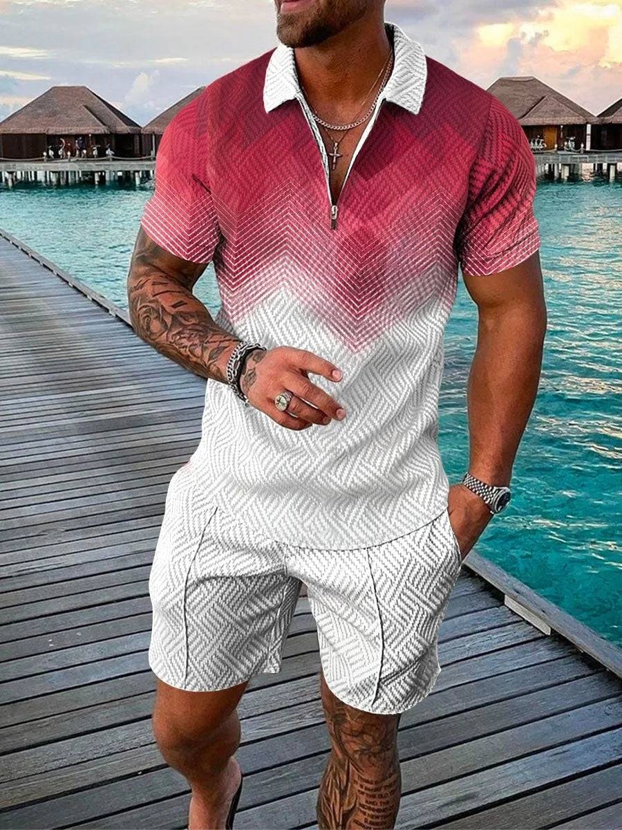 
                  
                    Pure Color Gradient Pattern Print Men's Zipper Collar Tracksuit Summer Trend Polo Shirt + Shorts 2pcs Sets Men's Streetwear Set
                  
                