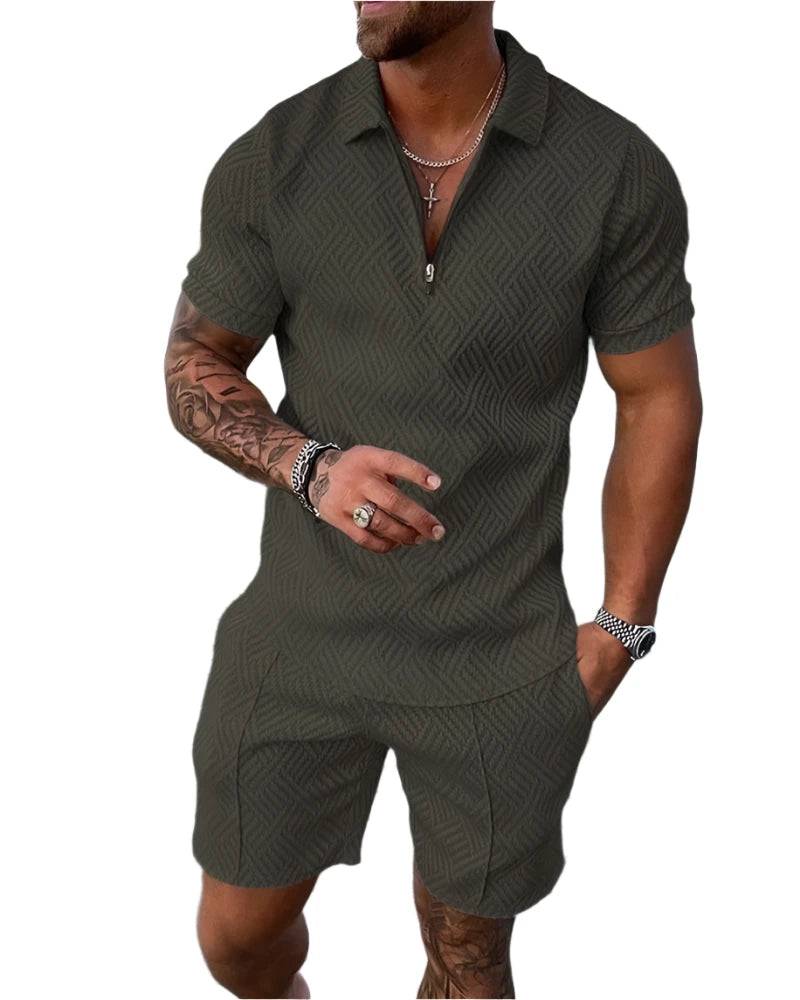 Pure Color Gradient Pattern Print Men's Zipper Collar Tracksuit Summer Trend Polo Shirt + Shorts 2pcs Sets Men's Streetwear Set