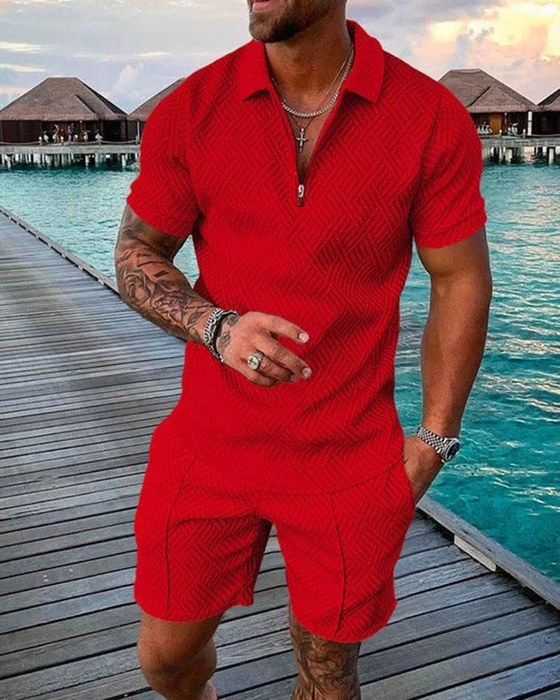 
                  
                    Pure Color Gradient Pattern Print Men's Zipper Collar Tracksuit Summer Trend Polo Shirt + Shorts 2pcs Sets Men's Streetwear Set
                  
                