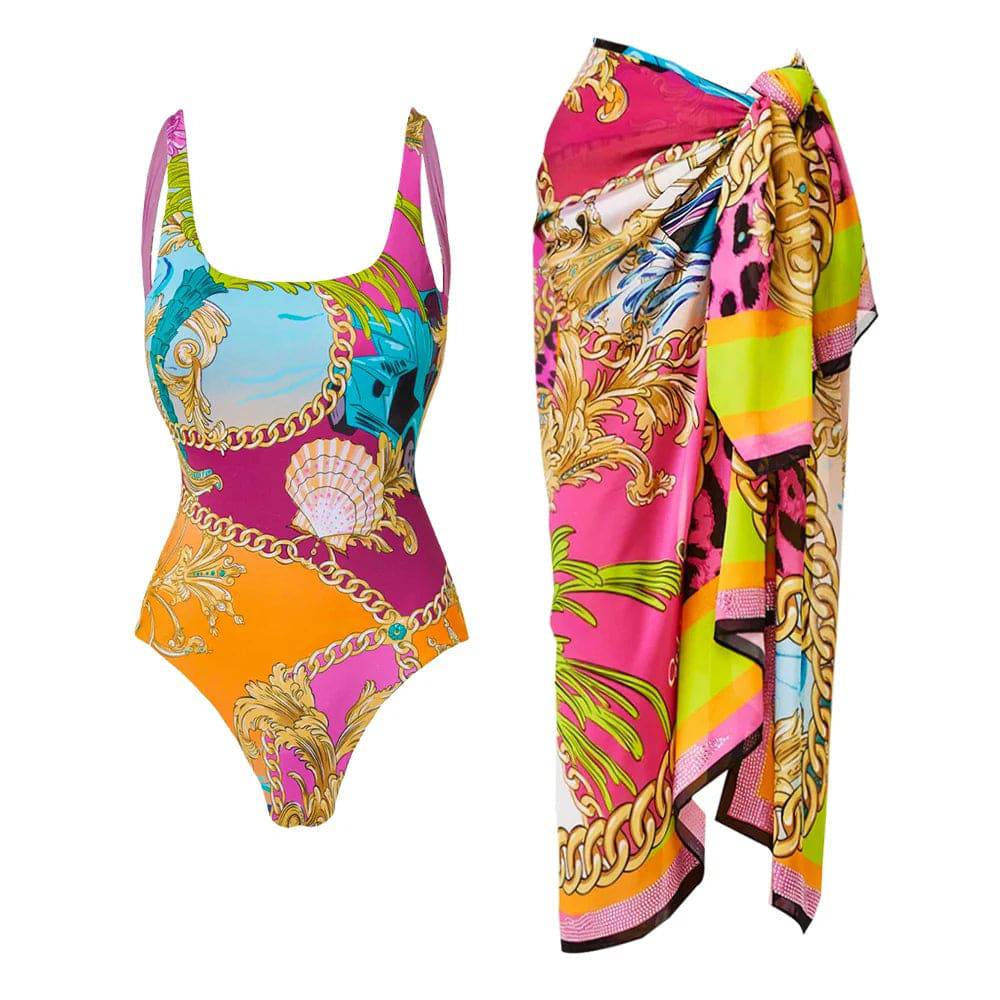 Round Neck Shell Printed One Piece Swimsuit and Sarong Clearance Wholesale