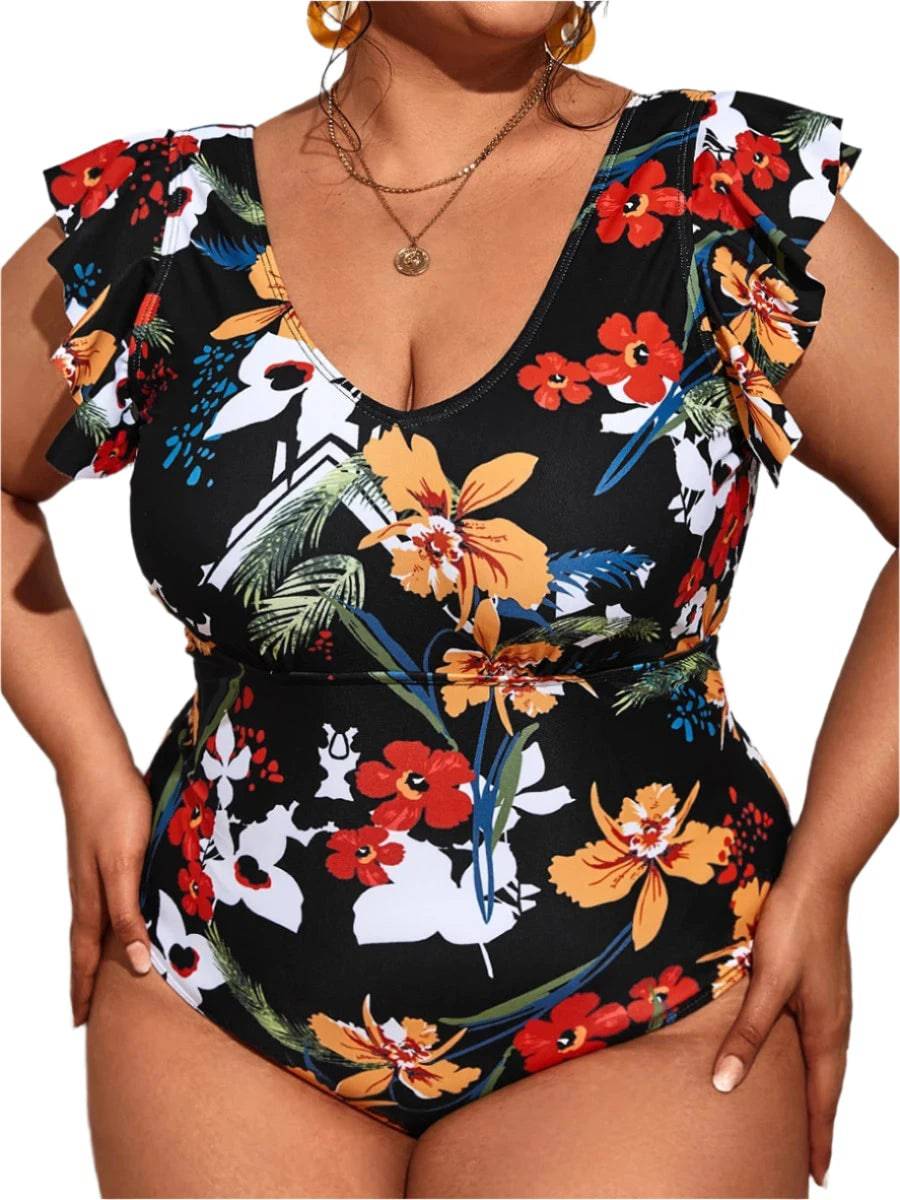 2023 Ruffle Swimsuit One Piece Large Plus Size Swimwear Women Beachwear Printed Bathers Bathing Swimming Swim Suit Female 4XL