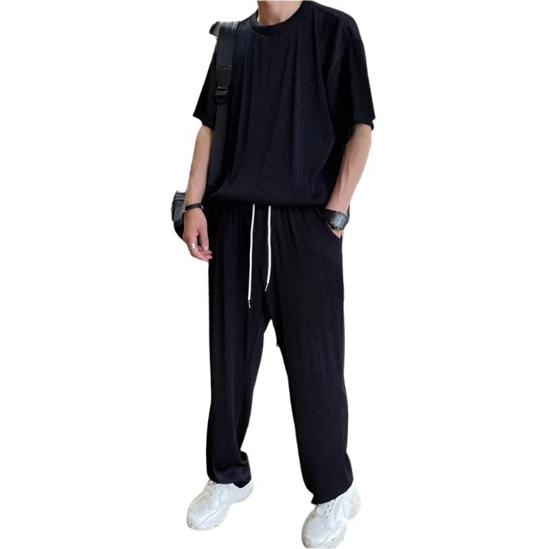 Men's Fashion Elastic Silk Strip Summer Tracksuits Breathable Short Sleeve T-shirt And Pants Two Piece Sets Men Outfits Suit