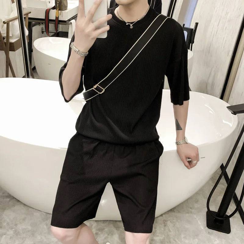 
                  
                    Men's Fashion Elastic Silk Strip Summer Tracksuits Breathable Short Sleeve T-shirt And Pants Two Piece Sets Men Outfits Suit
                  
                