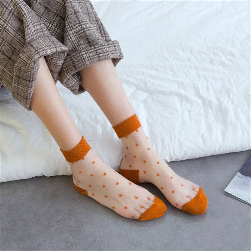 
                  
                    Breathable Mesh Polka Dots Harajuku Socks for Women Sexy Fishnet Yarn Ladies Hosiery Sox Transparent Ankle Length
                  
                