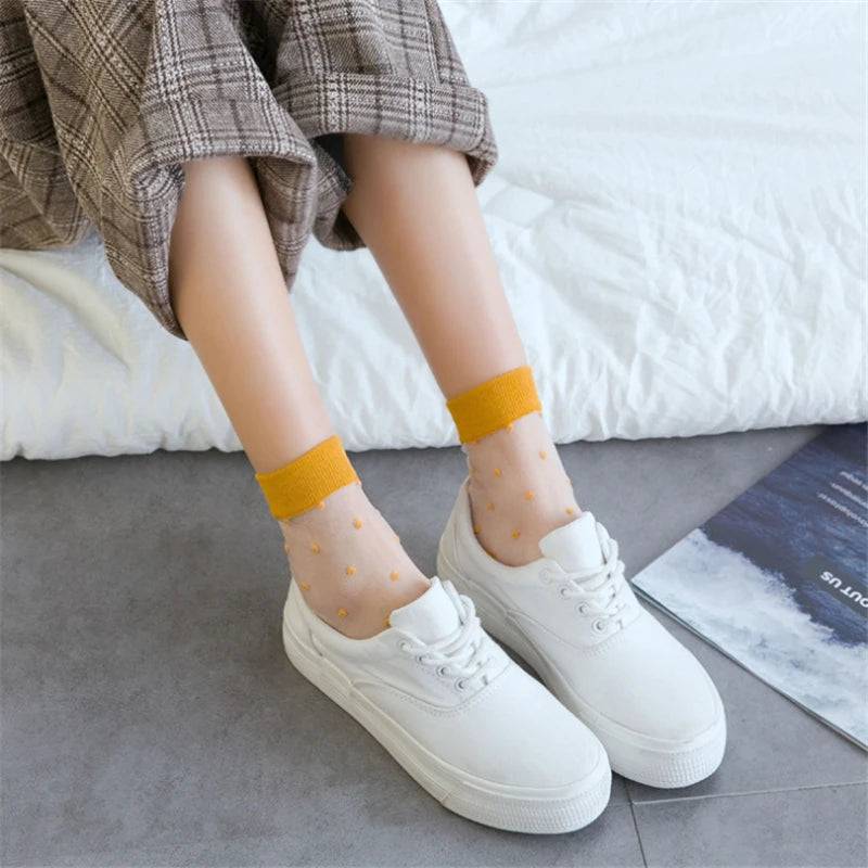 
                  
                    Breathable Mesh Polka Dots Harajuku Socks for Women Sexy Fishnet Yarn Ladies Hosiery Sox Transparent Ankle Length
                  
                