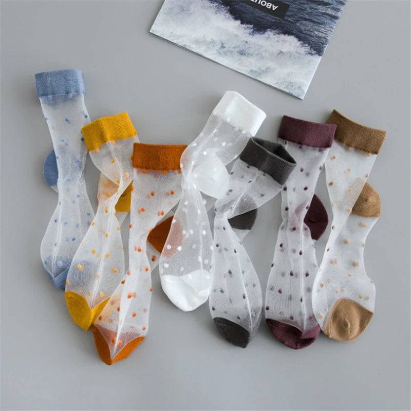 
                  
                    Breathable Mesh Polka Dots Harajuku Socks for Women Sexy Fishnet Yarn Ladies Hosiery Sox Transparent Ankle Length
                  
                