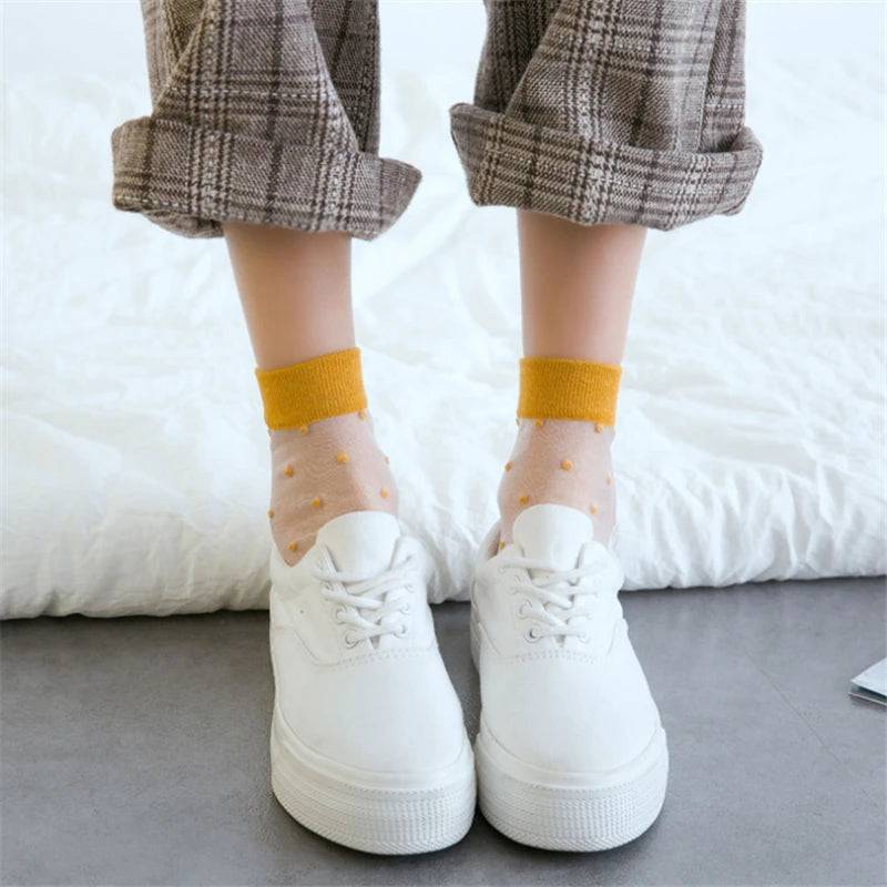 
                  
                    Breathable Mesh Polka Dots Harajuku Socks for Women Sexy Fishnet Yarn Ladies Hosiery Sox Transparent Ankle Length
                  
                