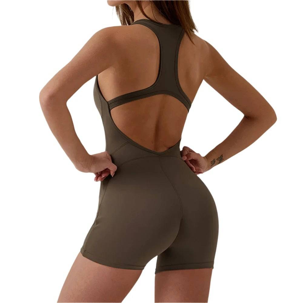 Open Back Jumpsuit for Women Workout Gym Romper Padded Yoga Set V Neck Gym Suit Backless Bodysuit Fitness Padded Gym Clothing